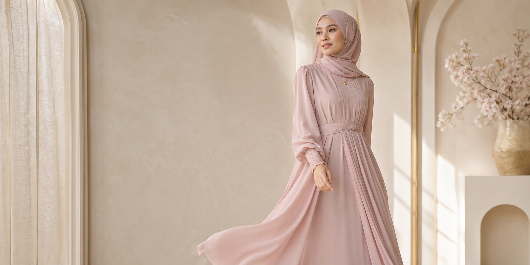 Woman wearing pastel pink modern modest dress and matching hijab in a cream boutique studio